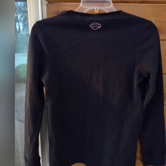Harley Davidson Waffle Knit Scoop Neck Pullover Long Sleeve L Pink Black Cotton - Picture 8 of 10